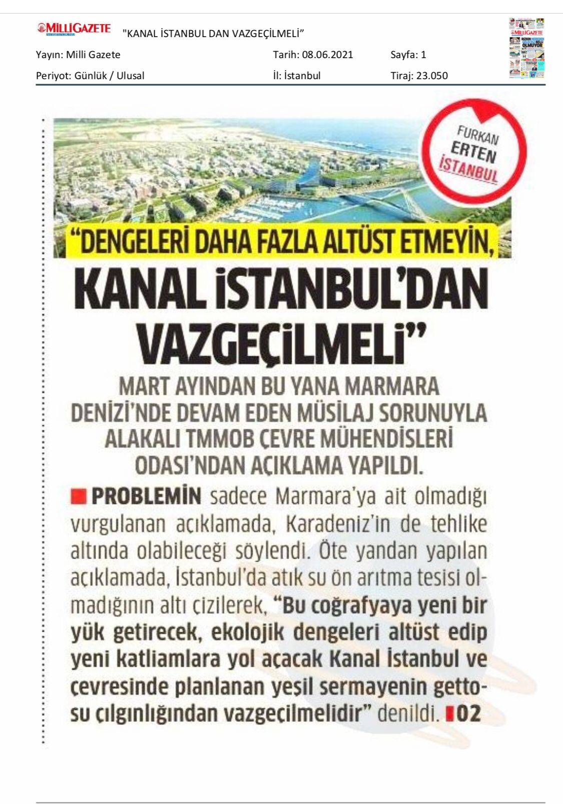 KANAL İSTANBUL`DAN VAZGEÇİLMELİMİLLİ GAZETE)